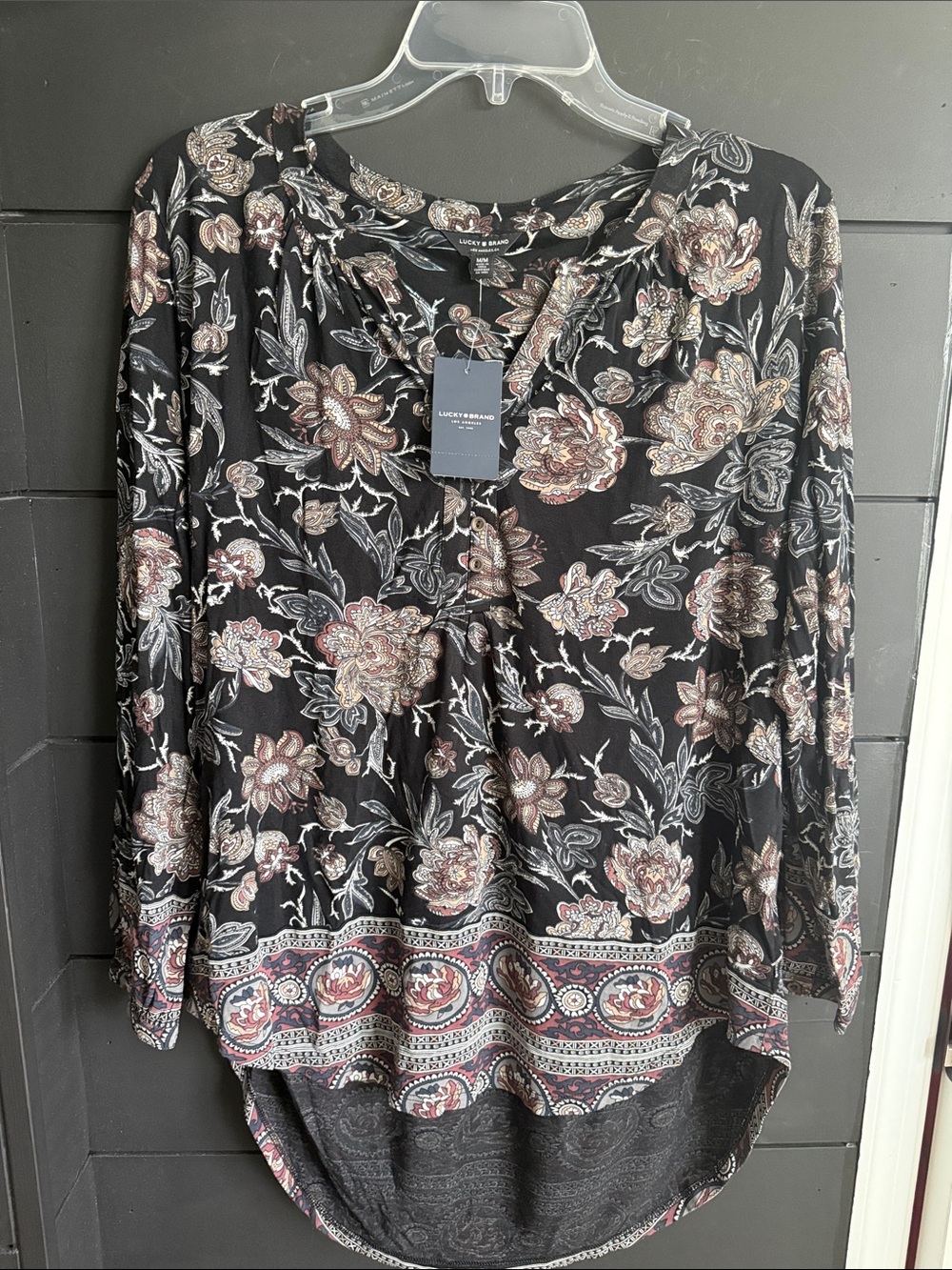 Lucky Brand Black Floral Scoop-Neck Long Sleeve Tunic